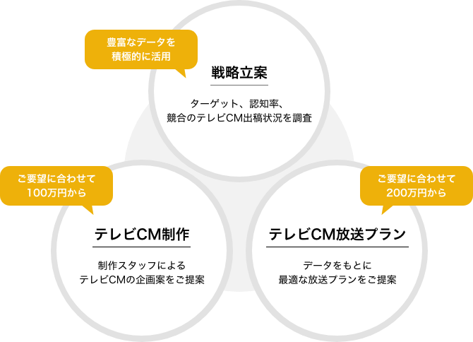 [豊富なデータを積極的に活用] 戦略立案：ターゲット、認知率、競合のテレビCM出稿状況を調査、[ご要望に合わせて100万円から] テレビCM制作：制作スタッフによるテレビCMの企画案をご提案、[ご要望に合わせて200万円から] テレビCM放送プラン：データをもとに最適な放送プランをご提案